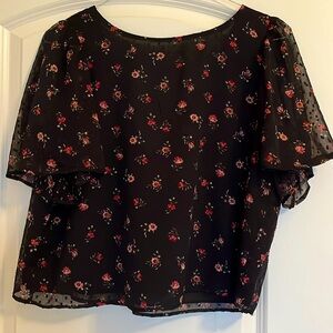 LOFT Women's Black and Red crop back tie Blouse